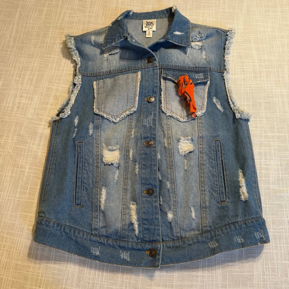 Ivy Jane Distressed Denim Vest Womens Small Blue Embroidered Boho Raw Hem Cotton - Picture 5 of 7